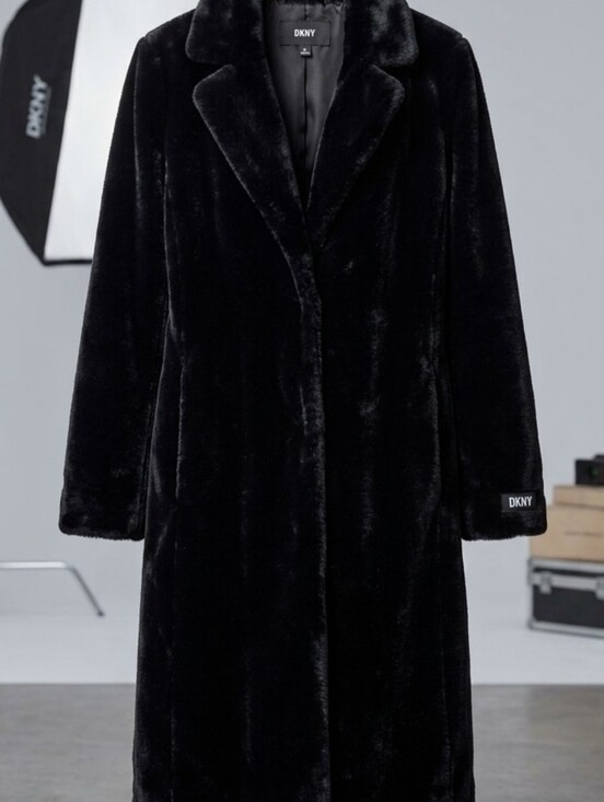 Dkny Jackets & Blazers - DKNY Black Faux Fur Long Coat with Notch Collar
